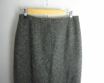 Vintage Ralph Lauren Womens Petite Small  Gray Tweed Lambswool Wool Midi Pencil Skirt 29" Waist Front Zipper Lined Classic Preppy