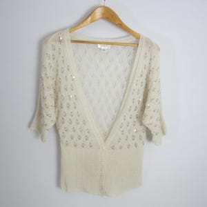 Vintage Ann Taylor LOFT Womens Medium Cream Ivory Mohair Wool Lace Knit Beaded Cardigan Sweater 3/4 Sleeve Open Delicate Holiday M