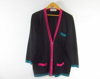 Vintage Jaeger Womens Medium Pink Teal Black Colorblock 100% Wool Boyfriend Cardigan Made in UK Pockets V Neck M