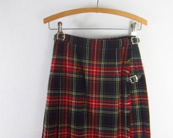 Vintage Laird Portch Womens Small Tartan Red Plaid Pleated Kilt Skirt Wool Made in Scotland Midi Length Classic Preppy