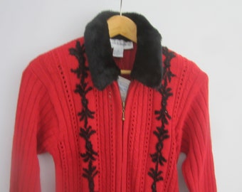 New Vintage Norton Mcnaughton Womens Small Red Black Fur Collar Full Zipper Long Sleeve Cardigan Beaded Sweater NWT
