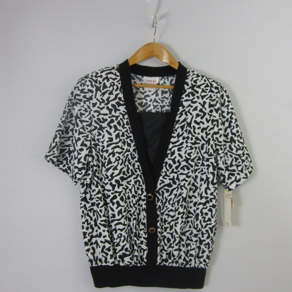 New Vintage Lauren Lee Womens Black White Animal Print Short Sleeve Blouse Shirt 12 Retro New With Tags