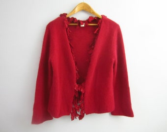 Vintage J Jill Womens L Red Long Sleeve Open Front Angora Lambswool Cardigan Sequin Bows Sweater Large Soft Fuzzy