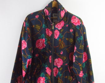 Vintage 90s Basic Editions Womens Medium 100% Silk Navy Blue Pink Floral Long Sleeve Front Full Zip Lined Jacket Cottagecore Spring Summer M