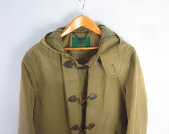 Vintage The Andover Shop Chrysalis Mens Medium Beige Olive Hooded Coated Cotton 100% Wool Plaid Lined Coat Made in England Preppy