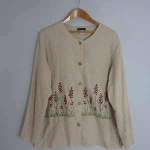 New With Tags Vtg Susan Gail Womens 16 Beige Red Green Floral Long Sleeve Linen Cotton Tunic Shirt Cottagecore