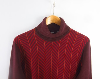 Vintage Hugo Boss Mens Large Burgundy Red Orange Geometric Silk Cashmere Turtleneck Sweater Long Sleeve L Designer