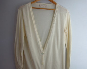 Vintage Cacharel Womens Large Ivory Long Sleeve 100% Cotton V Neck Cardigan Sweater Boyfriend Style Cream White Long