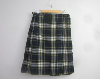 Vintage Jedburgh Kiltmakers Womens Medium Navy Blue Green Yellow Plaid Pleated Kilt Skirt 100% Wool Made in Scotland UK Leather Straps M