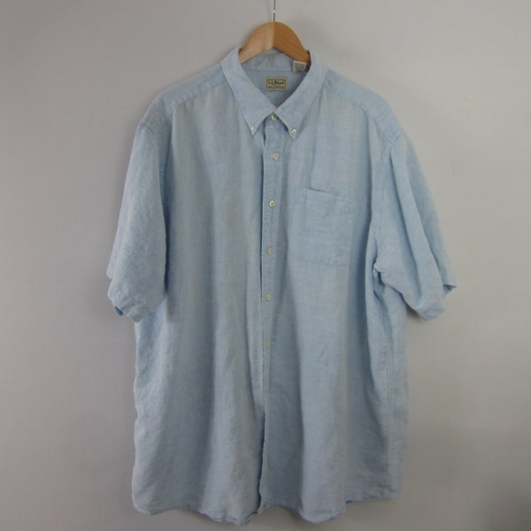 Vintage L.L. Bean Mens XXL LIght Blue Short Sleeve 100% Linen Button Front Shirt 2XL Summer Comfort Classic