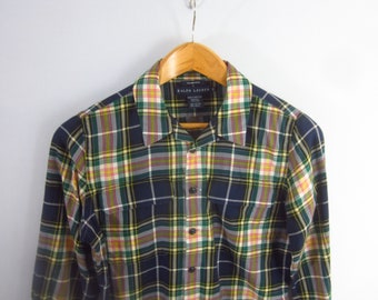 Vintage Ralph Lauren Blue Label Long Sleeve Plaid Shirt Womens 8 Navy Yellow Green Cotton Classic Preppy Slim Fit