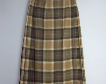 Vintage Laird Portch Womens Small Beige Plaid Pleated Kilt Skirt 100% Wool Made in Scotland 26" Waist Midi Preppy Classic