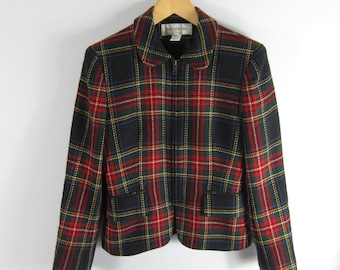 Vintage Jones New York Womens 4 Red Tartan Plaid Short Long Sleeve 100% Wool Front Zipper Blazer Jacket Small Pockets Made in USA Fitted