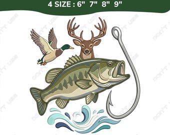 May include: An embroidery file design featuring a largemouth bass, a deer, and a duck. A large fishing hook is next to the fish. The text "Embroidery File For Machine" is at the top, with size options of 15 cm, 18 cm, 20 cm, and 23 cm.
