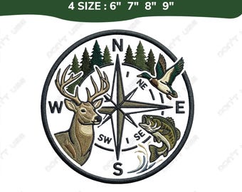 May include: An embroidery file for a machine, featuring a circular design with a deer, duck, fish, and compass rose. The text reads "Embroidery File For Machine" and "4 SIZE: 6" 7" 8" 9"", with file type options below.