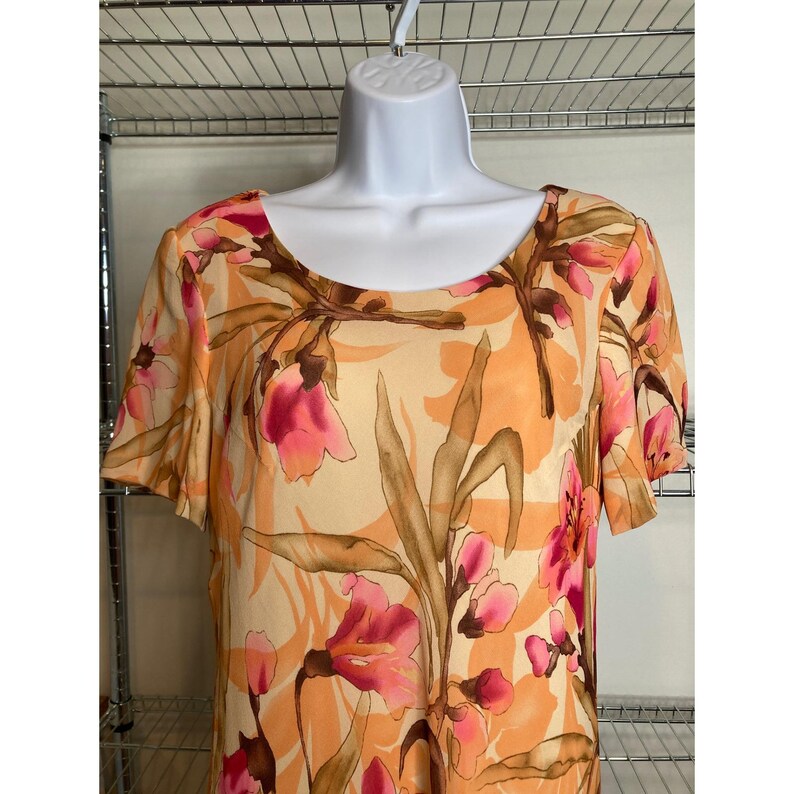 Vintage 90s Adrianna Papell Women Orange Floral Silk Maxi Dress Sz 4 Flowy Airy image 7