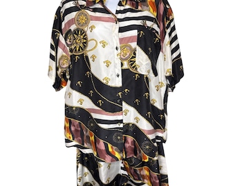 VTG 90s Jane Ashley Womens Black Silk Nautical Scarf Print Pajama Set S Coastal