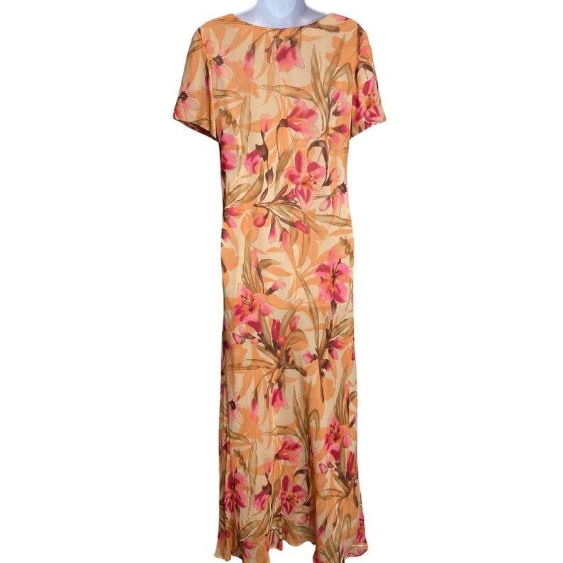 Vintage 90s Adrianna Papell Women Orange Floral Silk Maxi Dress Sz 4 Flowy Airy image 2