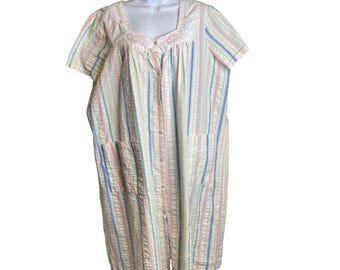 Vtg Kmart Womens Pink Striped Seersucker Kaftan Short 1X Plus Size Lounge Top
