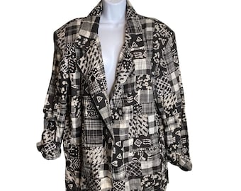 VTG EastWest Women's Black White Patchwork Cotton Blazer Size L Art To Wear