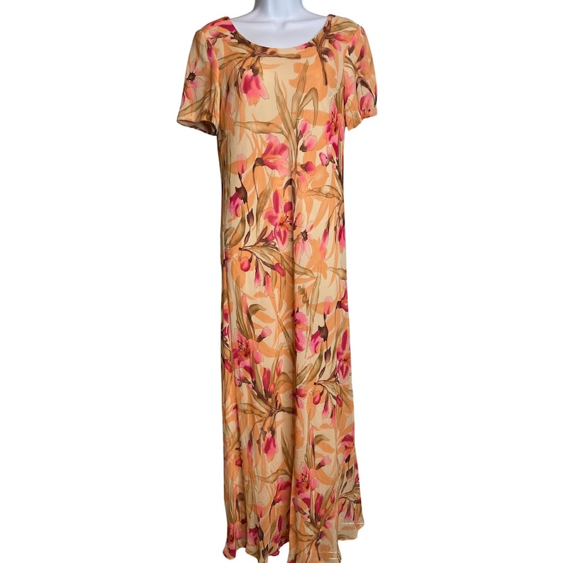 Vintage 90s Adrianna Papell Women Orange Floral Silk Maxi Dress Sz 4 Flowy Airy image 1