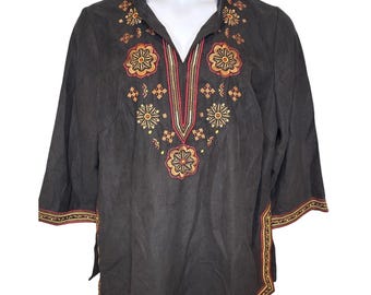 VTG Victor Costa Women Black Faux Suede Embroidered Tunic Top 1X Excellent Boho