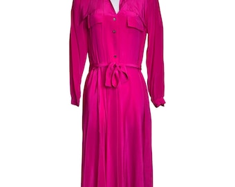 Vintage 80s Glam JACK MULQUEEN Womens Fuchsia Silk Midi Belted Shirt Dress 4