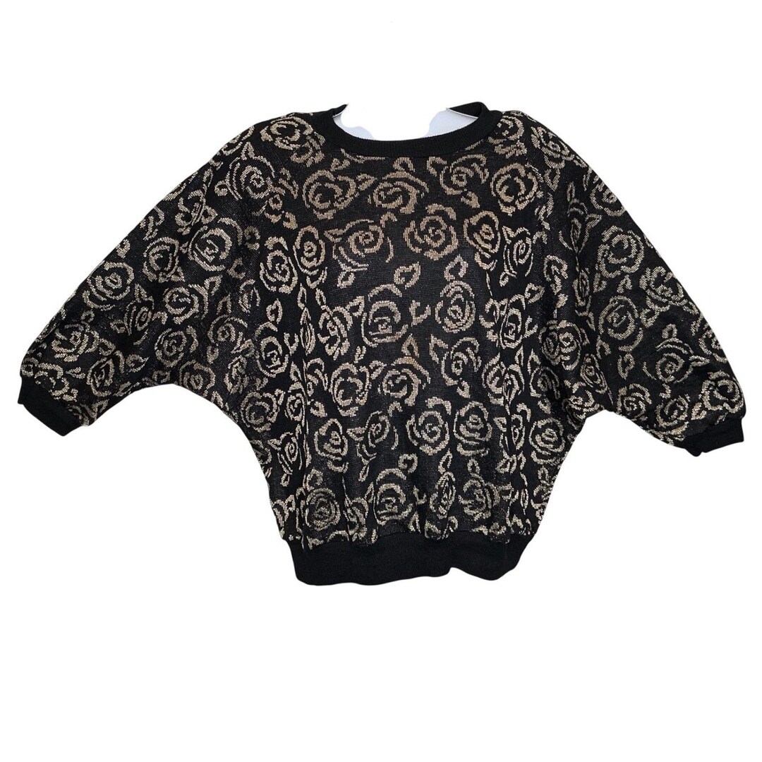 Vintage Sharon Anthony Womens 80s Oversized Black Gold Floral Sweater ...