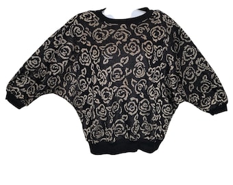 Vintage Sharon Anthony Womens 80s Oversized Black Gold Floral Sweater Est Sz L