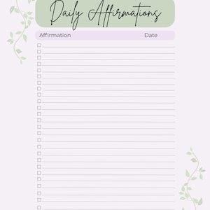 Daily Affirmations Printable | Botanical Mindset Page | Positive Thinking Log