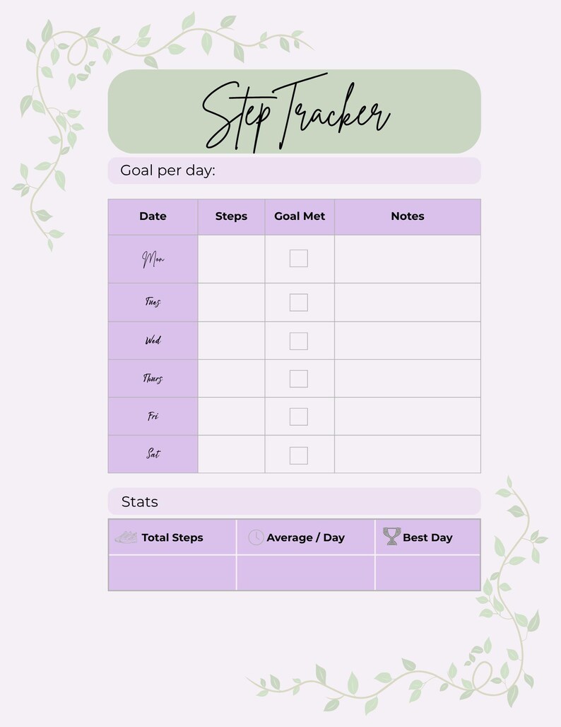 Step Tracker Printable | Botanical Walking Log | Daily Steps Page - Etsy