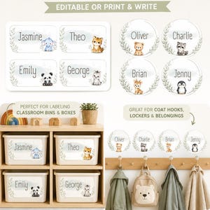 Può includere: Un set di etichette nominative modificabili con design rettangolari e circolari, caratterizzate da illustrazioni di animali ad acquerello e dettagli di foglie verdi. Le etichette riportano nomi come Jasmine, Theo, Emily, George, Oliver, Charlie, Brian e Jenny.