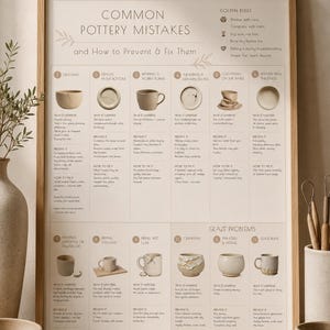 May include: A framed poster titled "Common Pottery Mistakes and How to Prevent & Fix Them." The poster features illustrations of pottery defects and solutions, with text in a clean, modern font. The poster is displayed on a wooden surface.