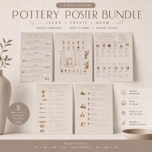 Könnte beinhalten: Ein Set aus fünf digitalen Postern mit dem Titel Pottery Poster Bundle, die lehrreiche Inhalte zu Töpfertechniken, Vokabular, häufigen Fehlern, Werkzeugen und dem Töpferprozess auf einem neutralen beigen Hintergrund darstellen.