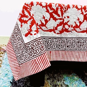 Handmade Block Print Tablecloth, Red Floral Cotton Table Cover, Sustainable Home Kitchen Decor 60X90''