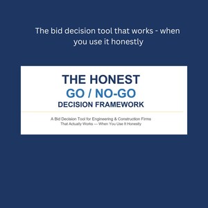 Op de afbeelding: Een marineblauwe afbeelding met witte tekst die luidt "The Honest Go/No-Go Decision Framework". De tekst is een beslissingstool voor aanbestedingen voor engineering- en bouwbedrijven. De bovenste tekst luidt "De beslissingstool voor aanbestedingen die werkt - als je hem eerlijk gebruikt."