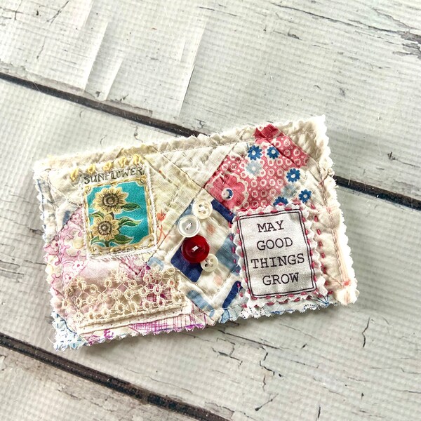 Quilt emellished piece,  Vintage Quilt Card / Journal Embellishments,  Journal Pocket, Gift for Vintage lovers, Fabric Textile Art piece