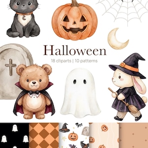 Puede incluir: Una colección digital de ilustraciones en acuarela con temática de Halloween que incluye un gato negro, una calabaza, una araña en su telaraña, una luna creciente, una lápida, un oso vampiro, un fantasma y un conejo brujo con escoba.