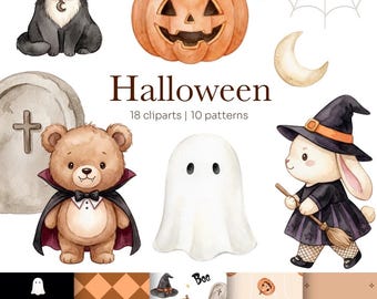Pode incluir: Uma coleção digital de ilustrações em aquarela com tema de Halloween, incluindo um gato preto, uma abóbora, uma aranha em uma teia, uma lua crescente, uma lápide, um urso vampiro, um fantasma e um coelho bruxo com uma vassoura.
