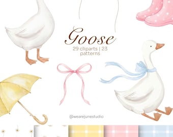 Coquette Goose Clipart & Seamless Patterns | Vintage Watercolor Goose PNG | Whimsical Goose | Blue Pink Yellow | Commercial Use | 300DPI