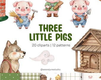 Three Little Pigs Clipart Bundle | Watercolor Fairytale PNG | Storybook Clip Art | 300DPI | Commercial Use