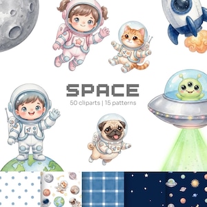 Pode incluir: Ilustrações em aquarela com tema espacial, incluindo um foguete, um OVNI e astronautas. A imagem também apresenta um gato e um pug em trajes de astronauta, juntamente com vários padrões espaciais. A palavra "SPACE" é exibida.