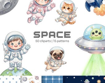 Space Astronaut Clipart Bundle PNG | Cute Galaxy Pattern | Watercolor Space Graphics | Planets Stars Astronauts | Commercial Use | 300DPI