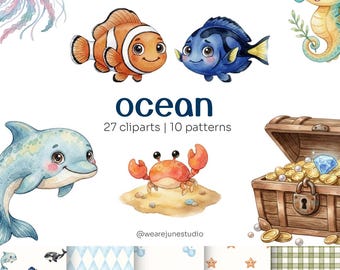 Ocean Clipart Bundle PNG| Cute Sea Animals Clipart| Under the Sea Graphics| Watercolor Ocean Creatures|  Commercial Use Digital Download