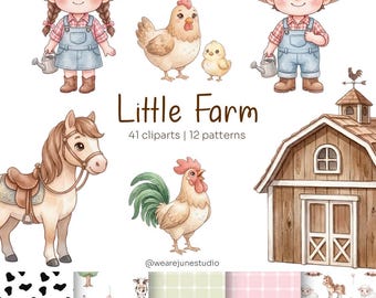 Little Farm Clipart and Seamless Patterns Bundle | Farm Animals Boy Girl | Watercolor Farm Kids PNG | Commercial Use | 300DPI