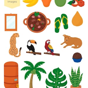 May include: A collection of 30 images featuring Brazilian-themed illustrations. Includes a bunch of bananas, a cashew, a coconut, a mirror, a pot of stew, flip-flops, a cheetah, a toucan, a parrot, a dog, a water filter, a palm tree, and a potted plant.