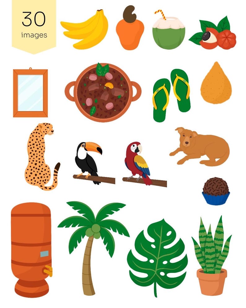 May include: A collection of 30 images featuring Brazilian-themed illustrations. Includes a bunch of bananas, a cashew, a coconut, a mirror, a pot of stew, flip-flops, a cheetah, a toucan, a parrot, a dog, a water filter, a palm tree, and a potted plant.
