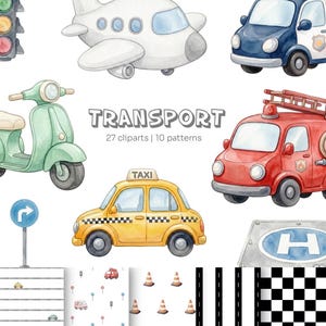 Transportation Clipart & Patterns Bundle | Watercolor Vehicles, Airplane, Helicopter, Fire Truck, Police Car, Ambulance PNG | Commercial use
