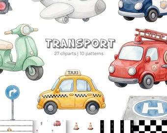 Transportation Clipart & Patterns Bundle | Watercolor Vehicles, Airplane, Helicopter, Fire Truck, Police Car, Ambulance PNG | Commercial use