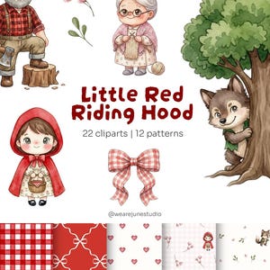 Puede incluir: Ilustraciones en acuarela con personajes y patrones del cuento de Caperucita Roja. Incluye un leñador, una abuela tejiendo, Caperucita Roja, un lobo y varios diseños con patrones rojos y blancos.